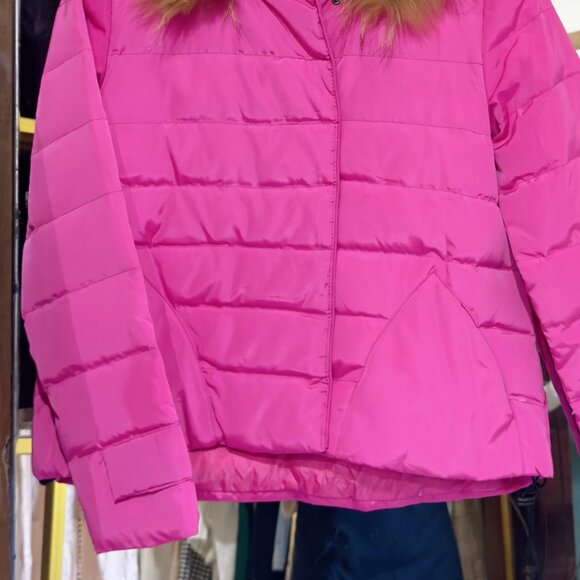 Hot Pink Puffer Jacket Faux Fur Hood - Picture 4 of 5